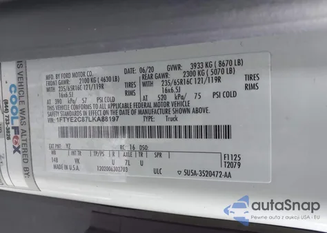 2020 Ford Transit-150 из США, поврежденный, VIN 1FTYE2C87LKA88197